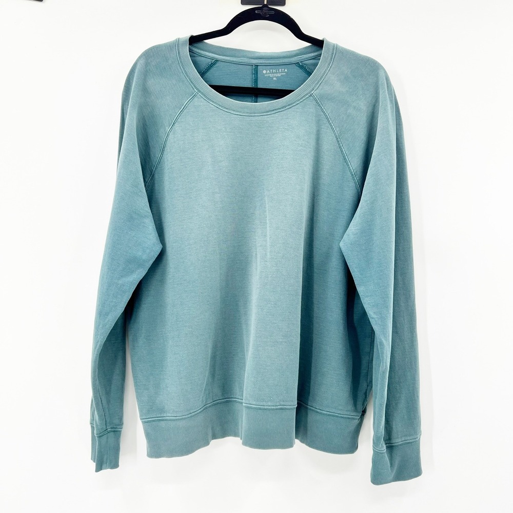 Athleta Coaster Luxe Sweatshirt Womens XL Teal Blue Raglan Pullover Cotton